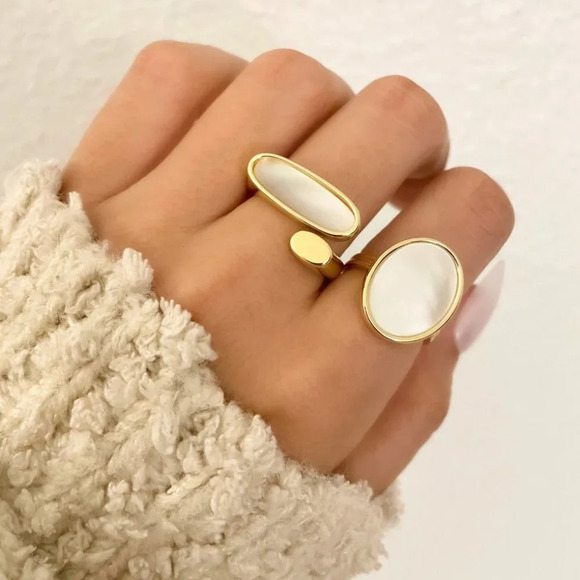 925 Sterling Silver Mother of Pearl Gold Statement Ring Chunky Bold Ring - Picture 1 of 6